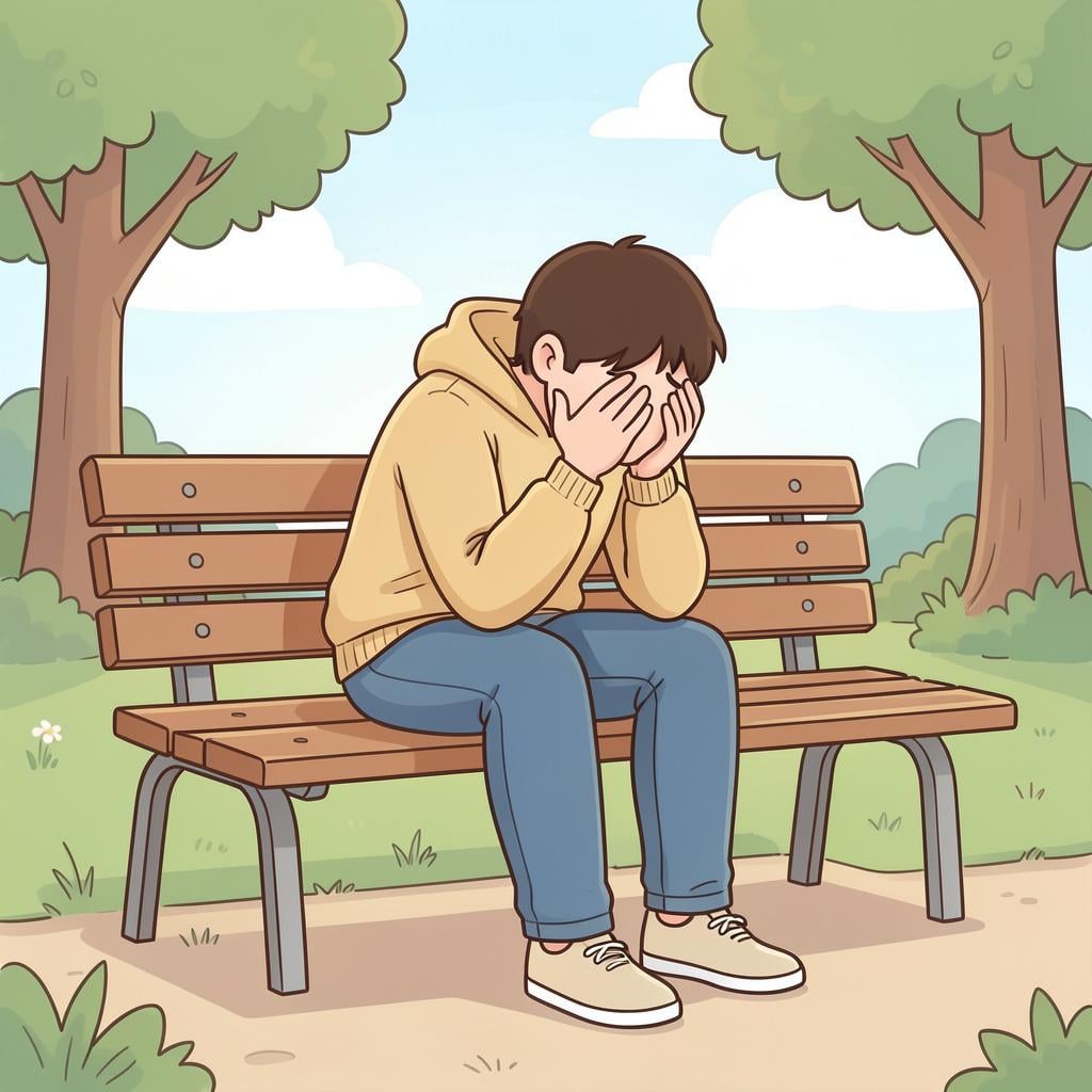 A sad person sitting on a park bench with their head in their hands, looking very upset.
