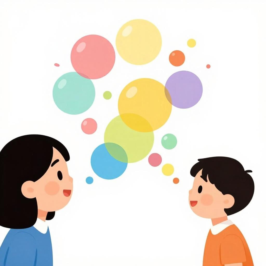 Una persona che soffia bolle colorate dalla bocca che fluttuano e scoppiano.