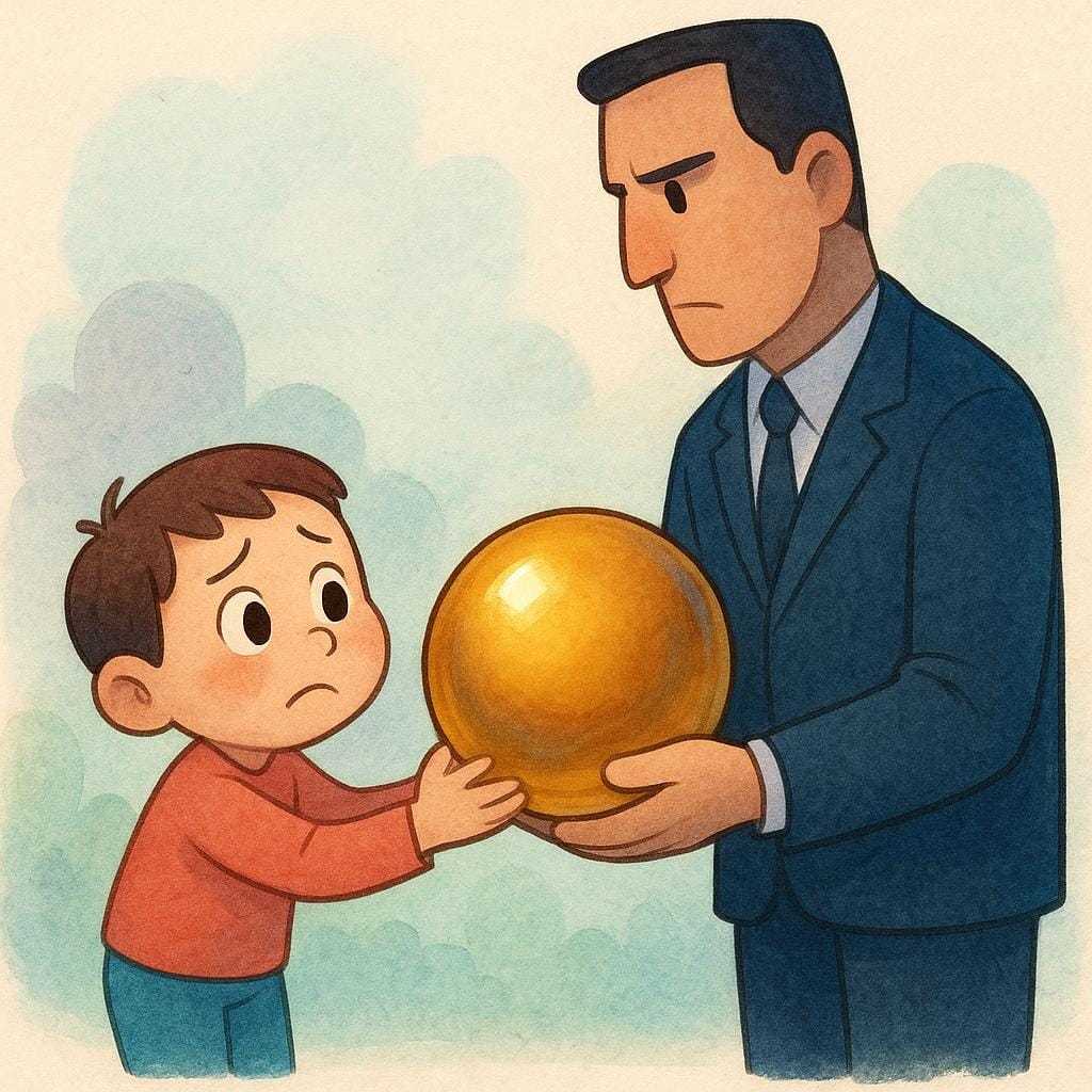 Um personagem pequeno e ansioso entrega relutantemente uma esfera dourada grande e valiosa a um personagem maior e severo, simbolizando a liquidação de uma dívida financeira.