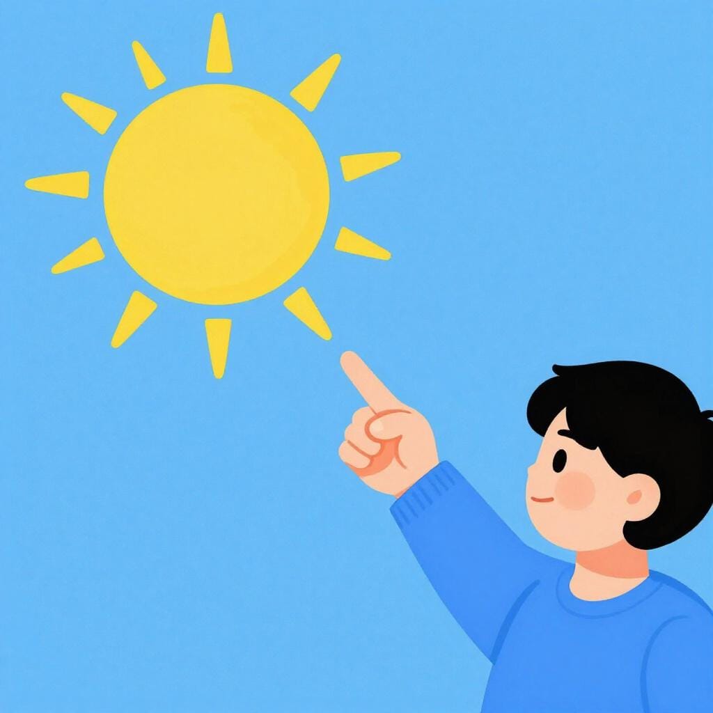 A person pointing at a bright yellow sun and smiling.