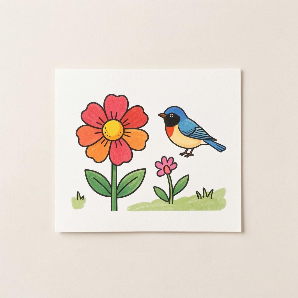 A small square of paper featuring a colorful drawing of a flower and a bird.