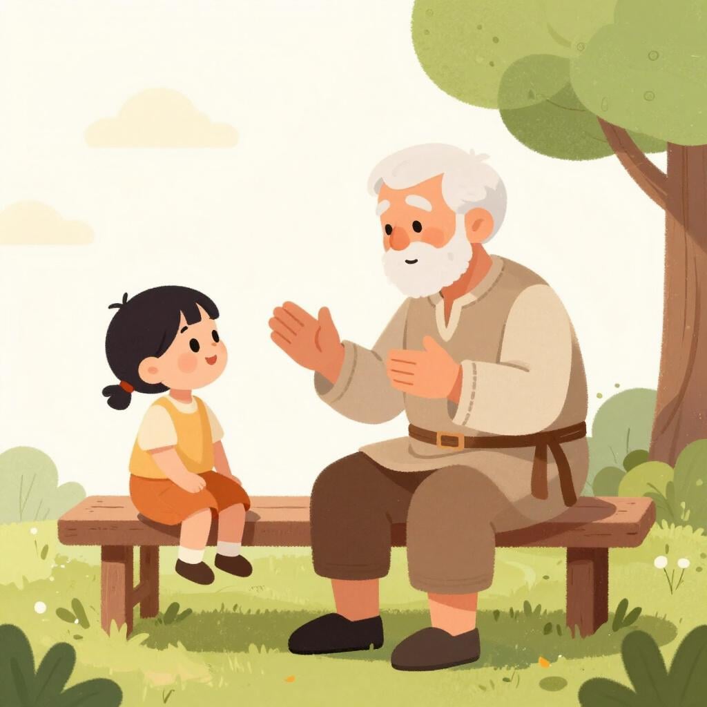 Eine farbenfrohe Bilderbuchillustration eines älteren Mannes in traditioneller Kleidung, der auf einer Holzbank sitzt und einem jungen Kind Geschichten erzählt.