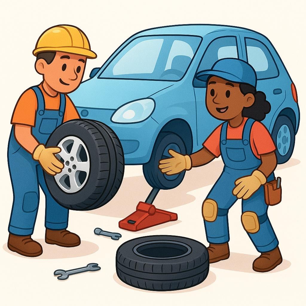 A storybook illustration of two mechanics replacing a worn tire on a car with a brand new one.