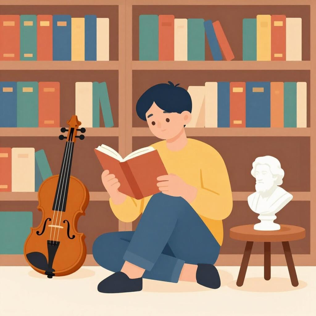 An elegant person sitting in a comfortable chair, reading a leather-bound book while listening to a classical record player.