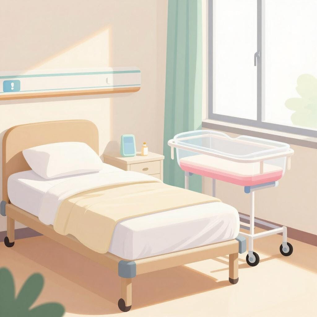 A cozy hospital room for a new mother with a small bassinet next to a bed.