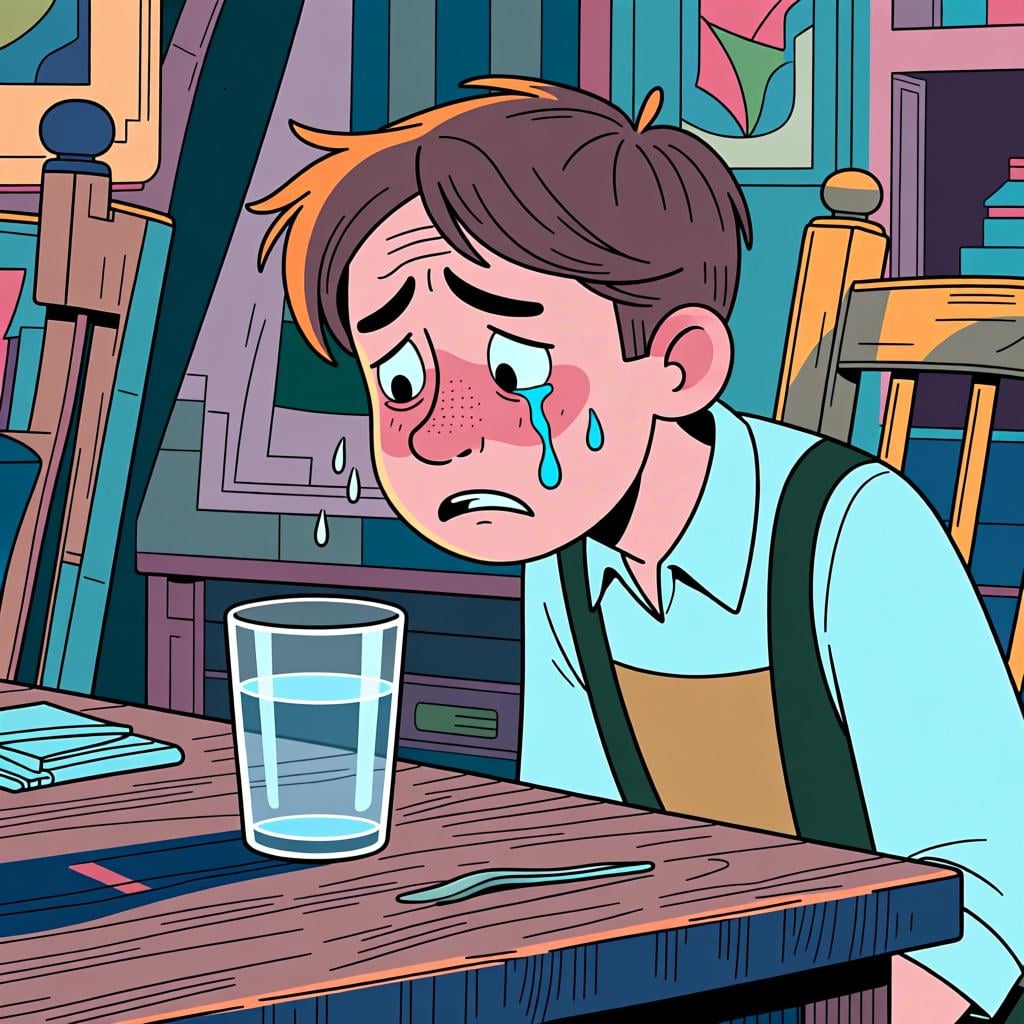 A person looking at an empty water bottle with a thirsty expression, illustrating the feeling of needing something.