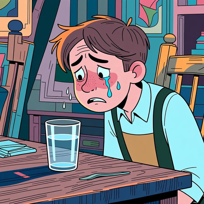 A person looking at an empty water bottle with a thirsty expression, illustrating the feeling of needing something.