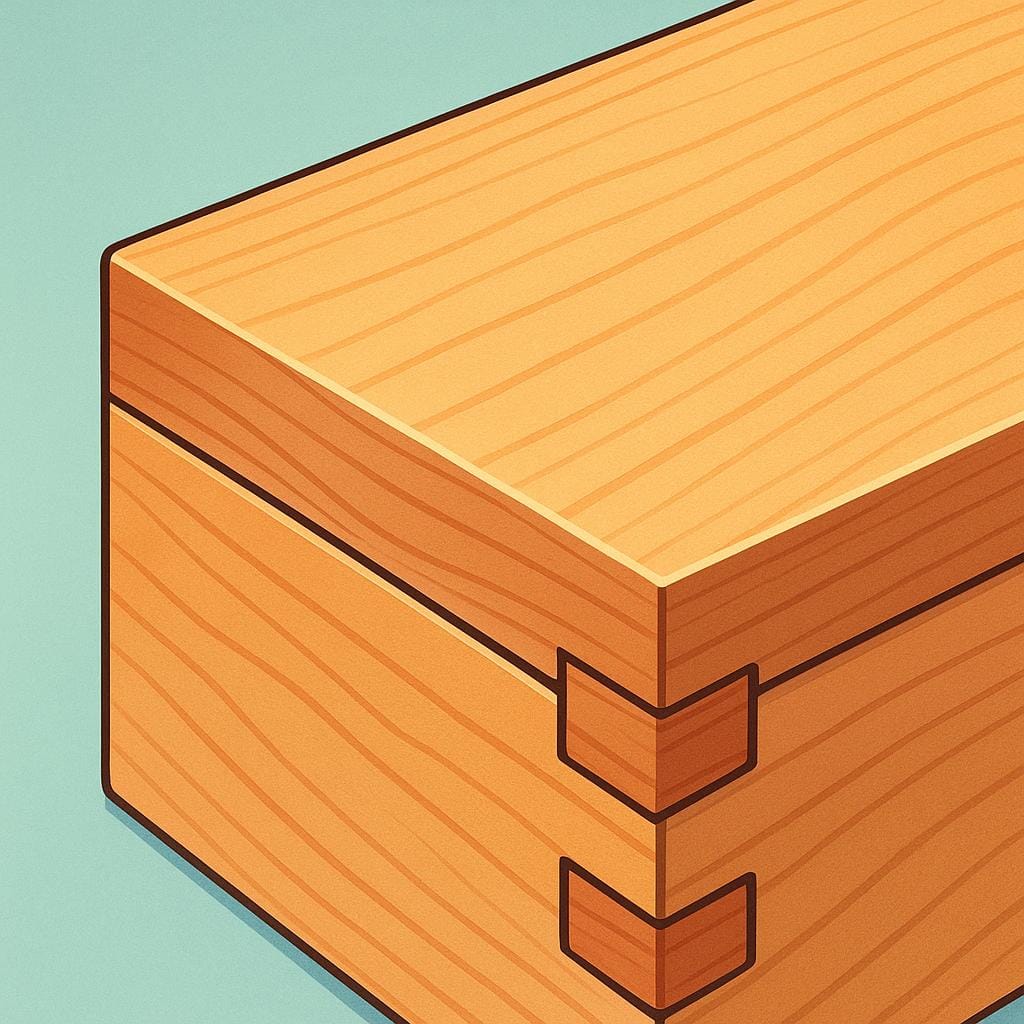 A close-up view of a wooden object's corner, showing precise, tightly fitted joinery and a smooth, polished finish, emphasizing quality.