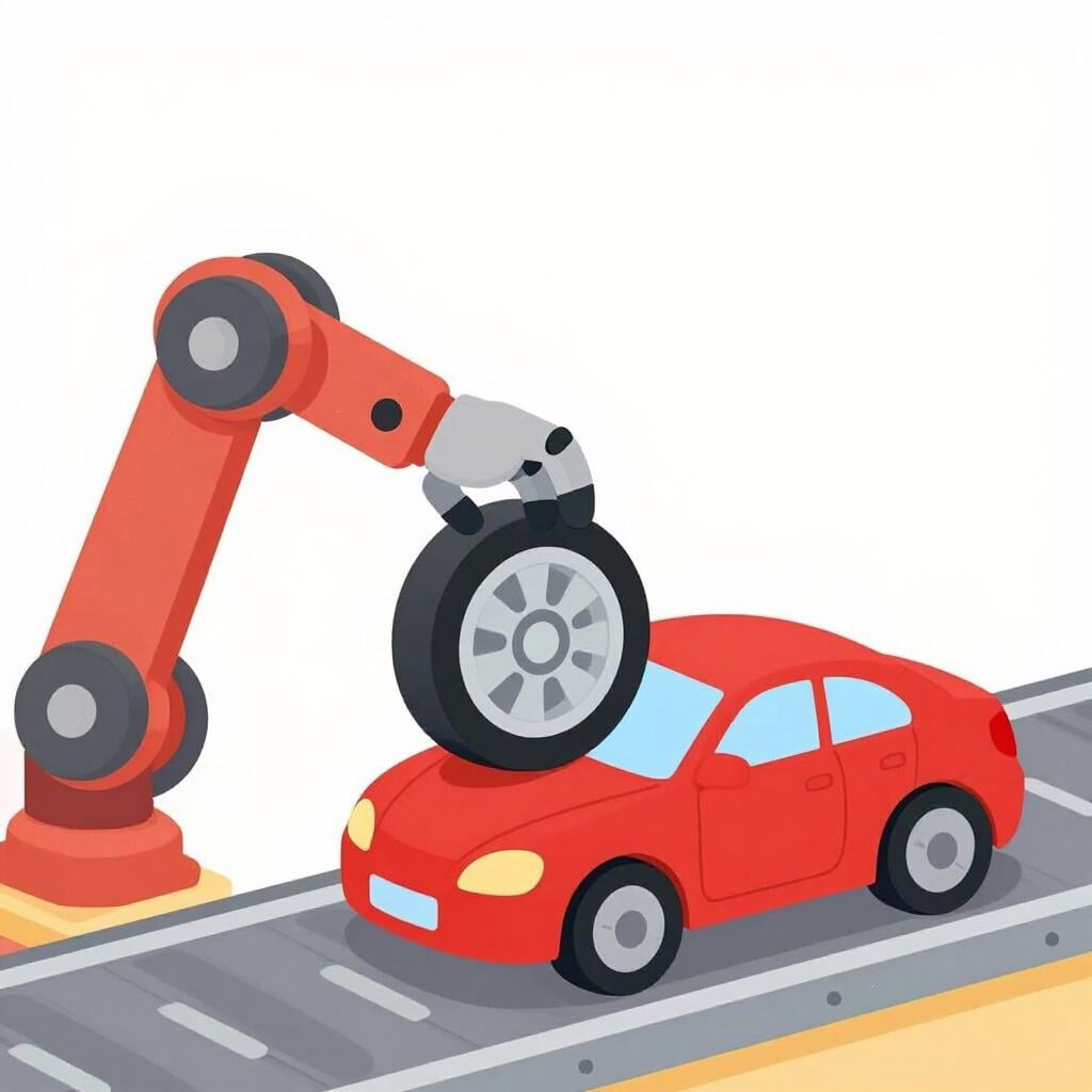 ロボットアームがコンベアベルト上の赤いおもちゃの車を組み立てている。