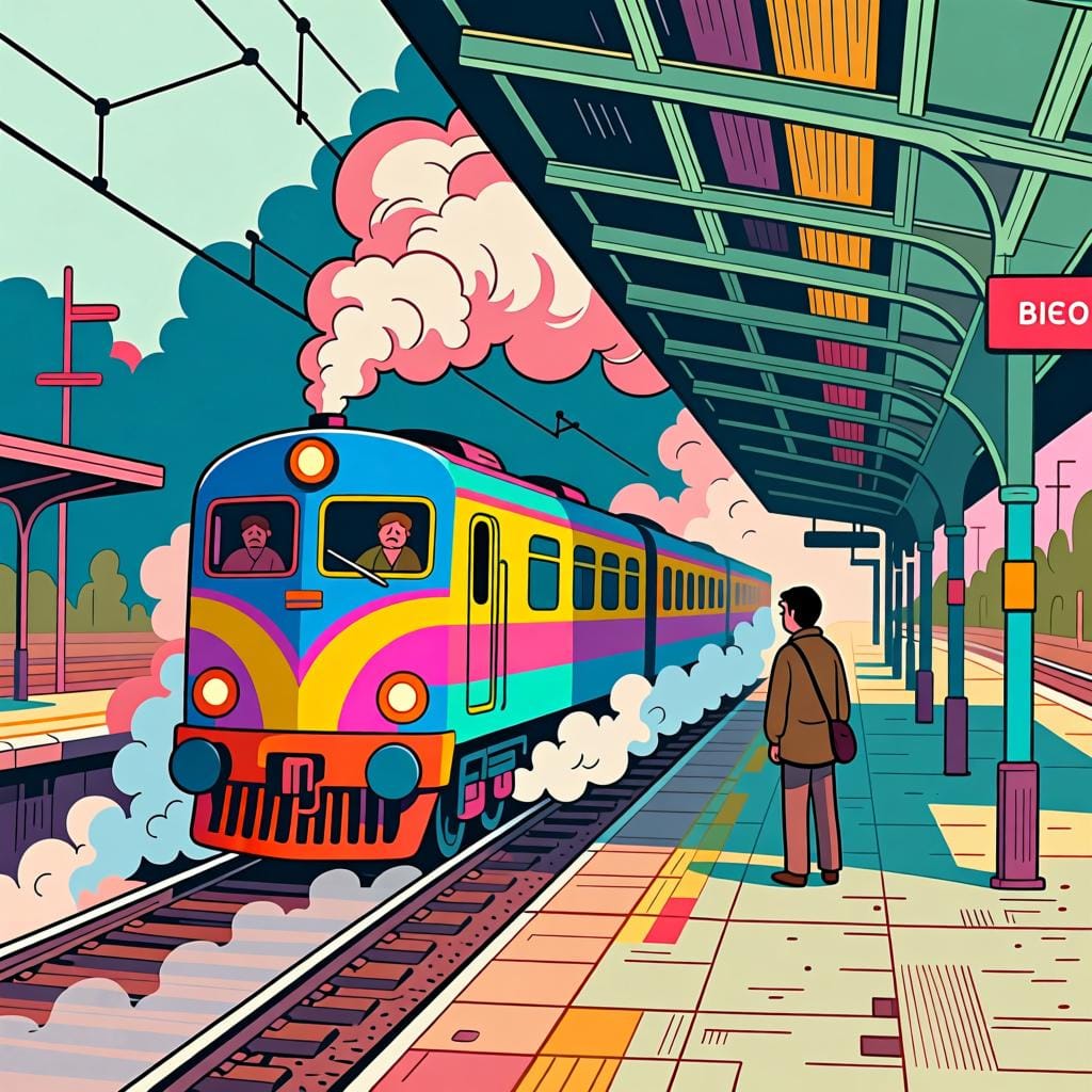 A disappointed figure standing on an empty platform watching a brightly colored train rapidly pull away into the distance, illustrating having arrived too late.