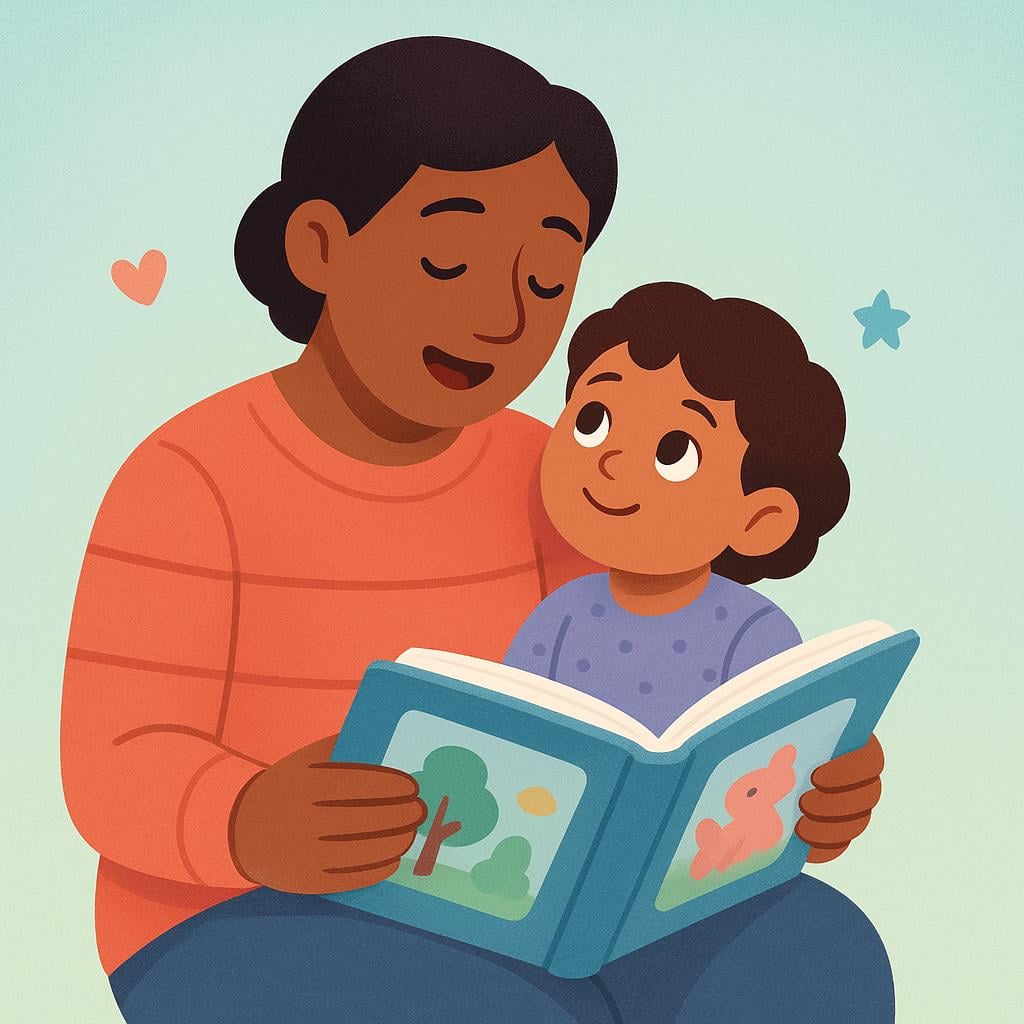 A parent figure reading a storybook to a small child, who is snuggled close and looking up with a look of deep contentment, showing the act of giving enjoyment.