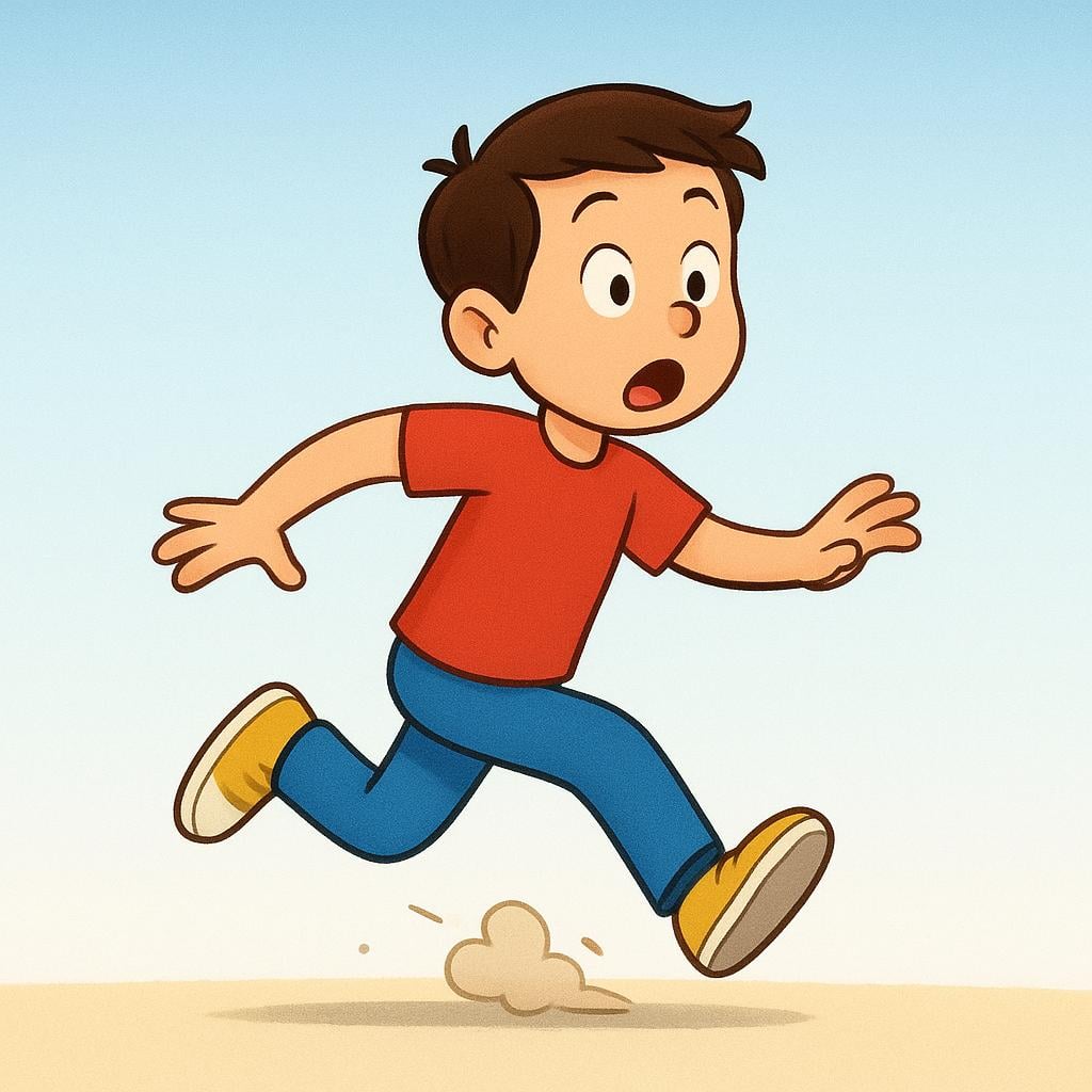 A colorful storybook illustration showing a simplified human figure running quickly and then abruptly stopping mid-stride, leaning back with arms raised, symbolizing a sudden halt.