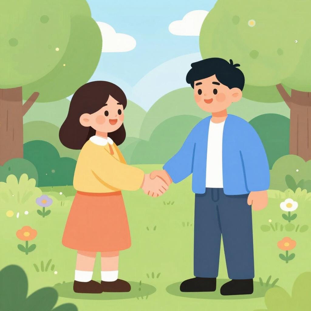Two people shaking hands warmly in a sunny park, representing the act of getting to know one another.