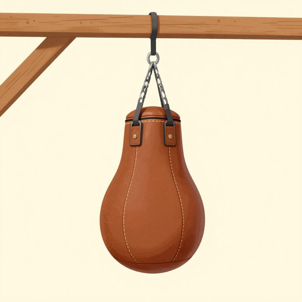 A leather speed bag hanging from a wooden platform.