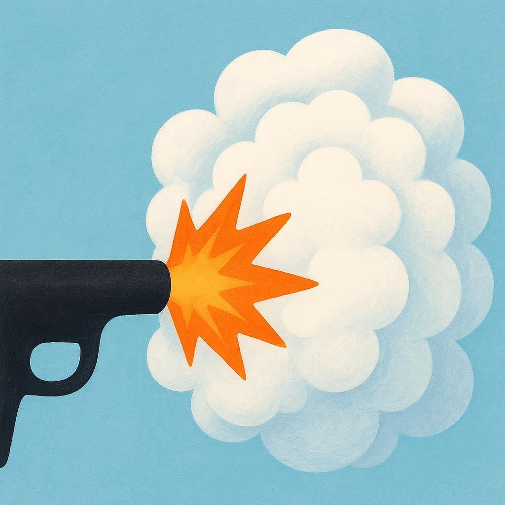 A burst of smoke and light emanating from the barrel of a stylized firearm, depicting a shot being fired.