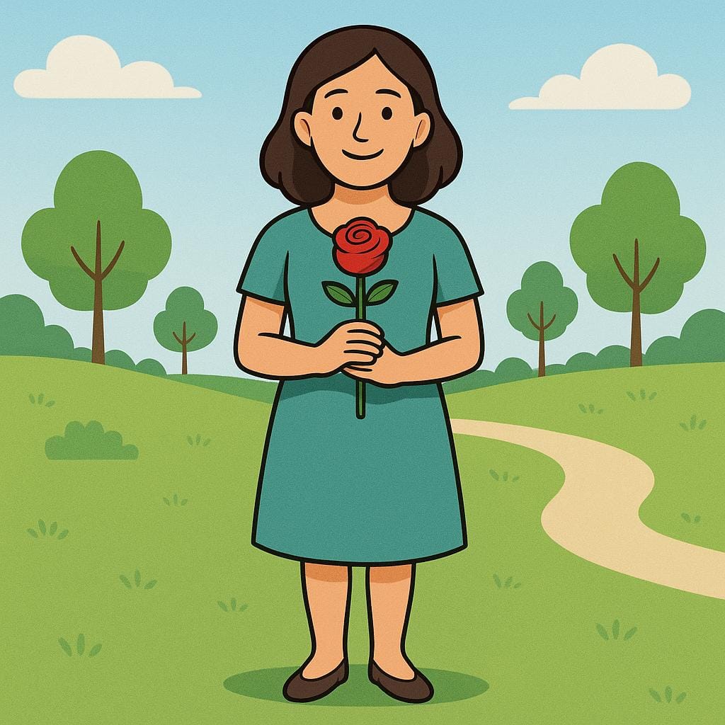 Een kleurrijke prentboekillustratie van een blije vrouw die alleen in een zonnig park staat, met één levendige rode roos in haar hand, wat haar ongetrouwde status symboliseert.