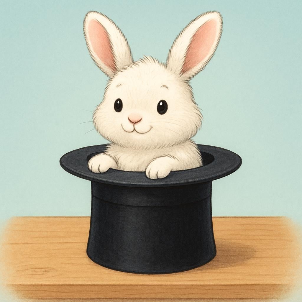 A classic black magician's top hat sitting on a surface, from which a surprised white rabbit is emerging, illustrating a magic trick.