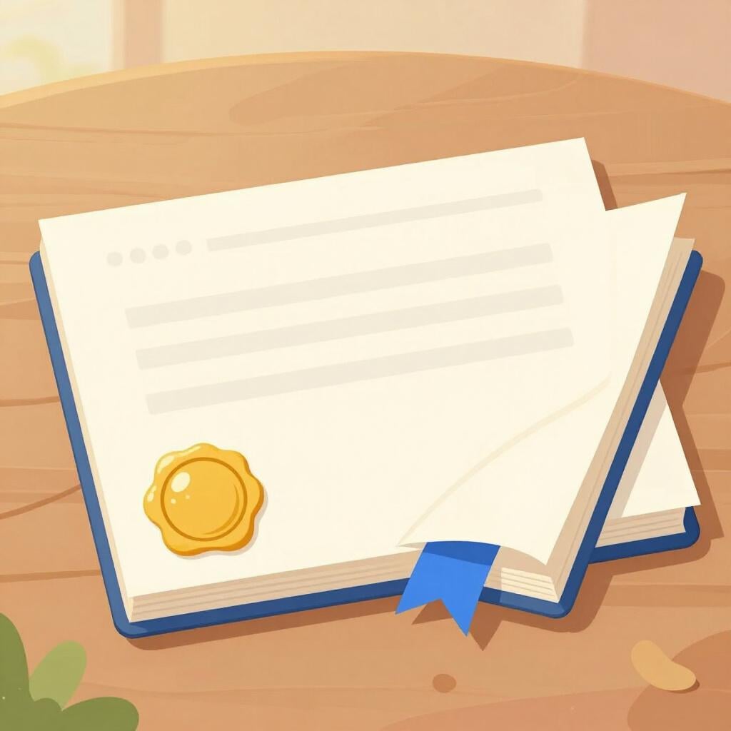 Um documento formal com um selo de cera dourado e uma fita azul.