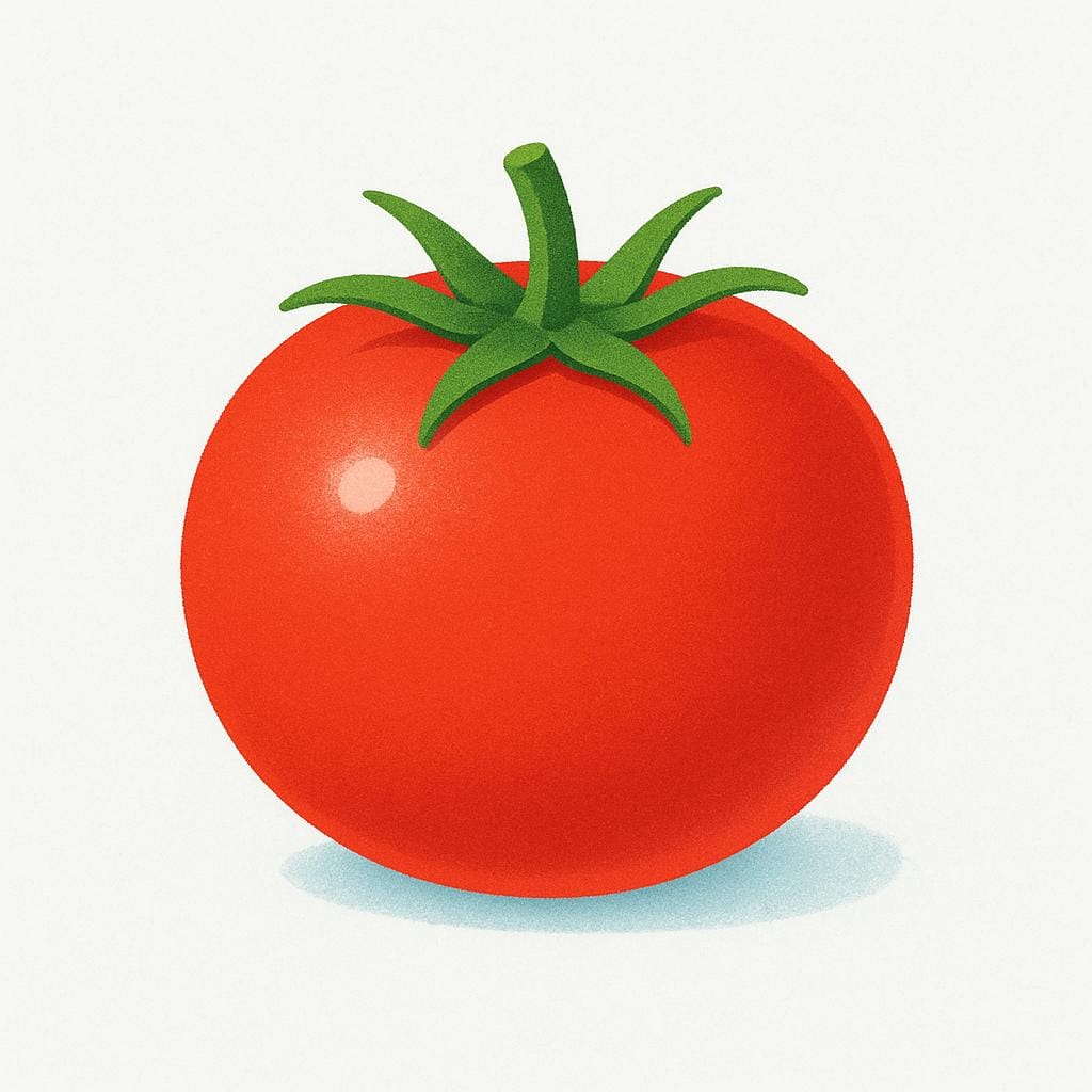 Eine einzelne, perfekt reife rote Tomate mit einer kleinen grünen Stielkappe.