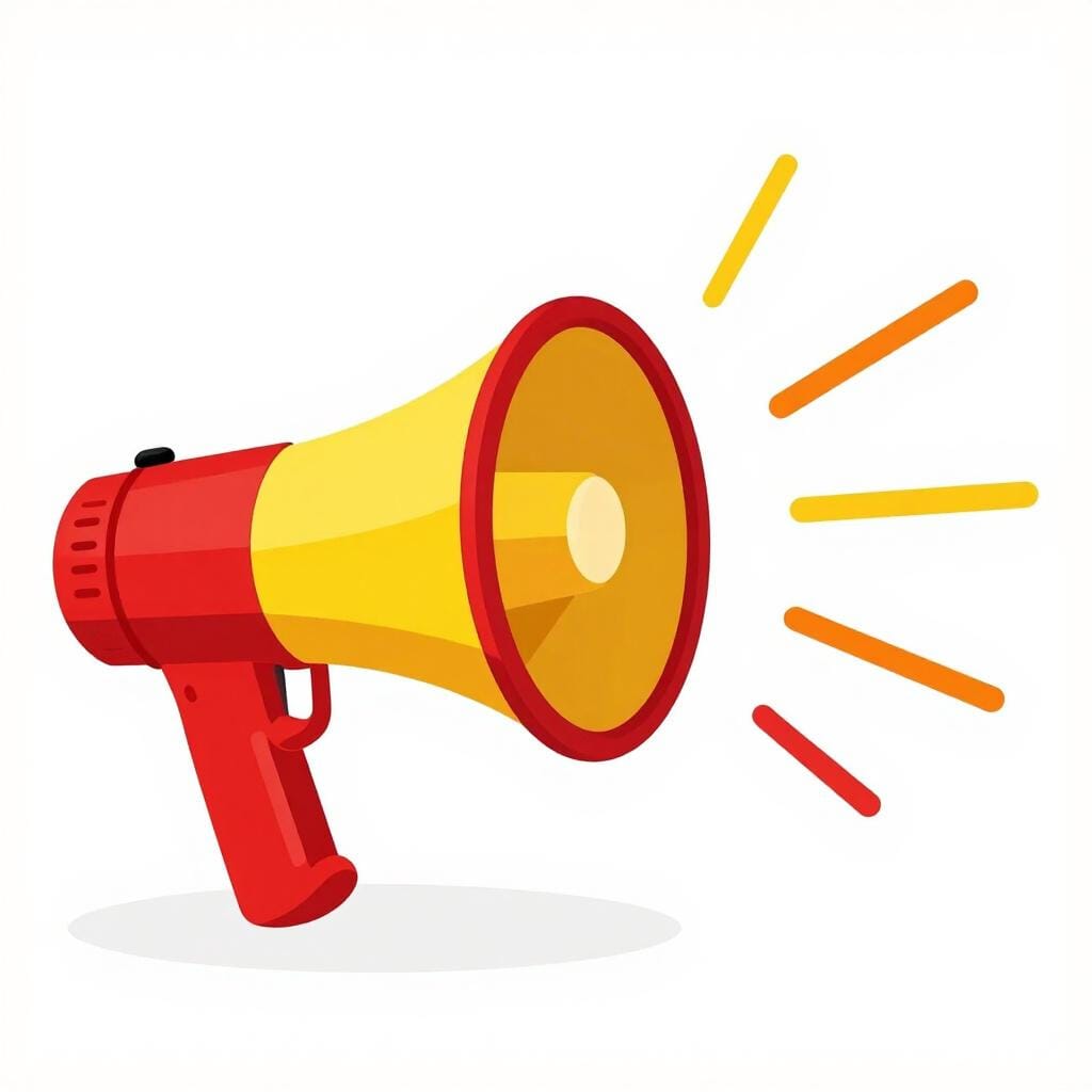 Un mégaphone aux couleurs vives avec des ondes sonores qui en sortent, représentant un cri fort ou une emphase.