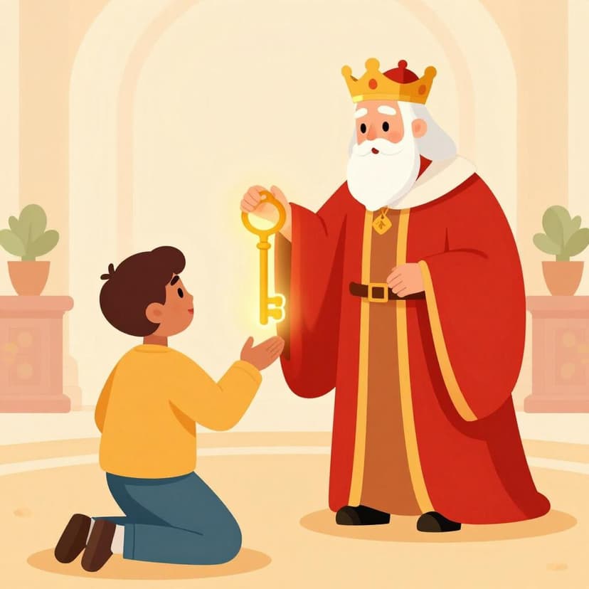 Un re che porge una chiave d'oro scintillante a una persona in ginocchio con rispetto.