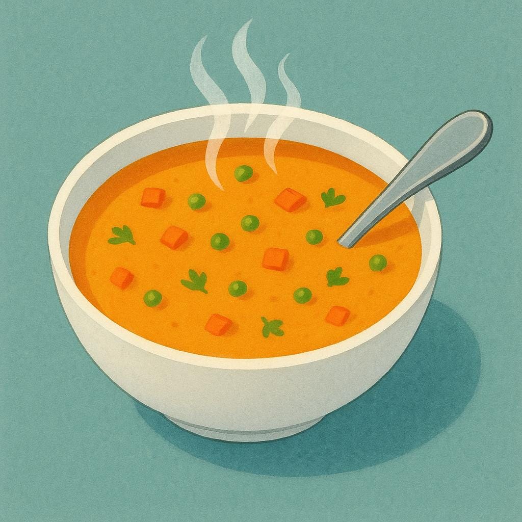 Uma tigela fumegante de sopa de legumes laranja com uma colher apoiada na borda, sobre um fundo simples e colorido.