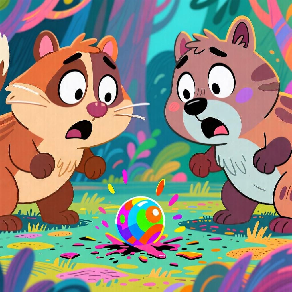 Two whimsical characters looking astonished at a small, brightly colored object that has just landed on the ground between them, suggesting something unexpected just happened.
