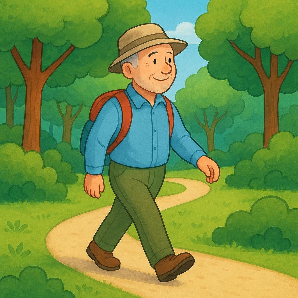 A cheerful older man wearing sensible shoes and carrying a backpack walks happily down a nature trail, enjoying his newfound freedom.