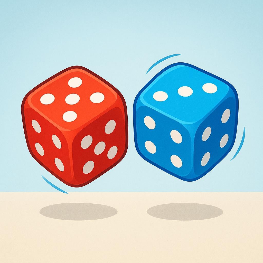 Two brightly colored dice mid-roll, suspended in the air, illustrating an outcome based entirely on randomness.