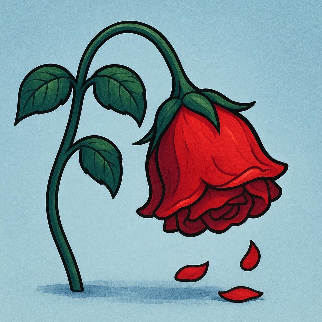 A single, bright red rose wilting dramatically on its stem, petals drooping toward the ground, symbolizing the end of life.