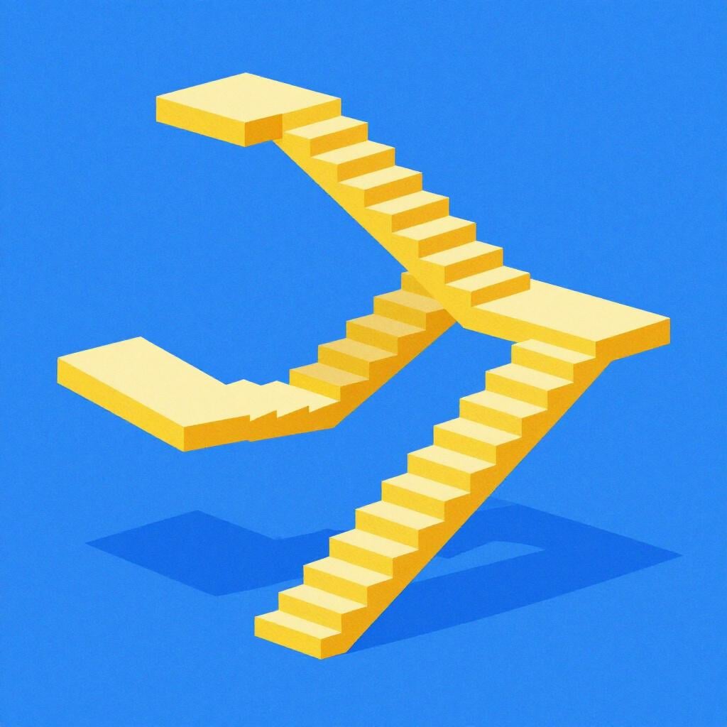 上にも下にも同時に終わりなく続いているように見える階段の、カラフルな絵本風のイラスト。