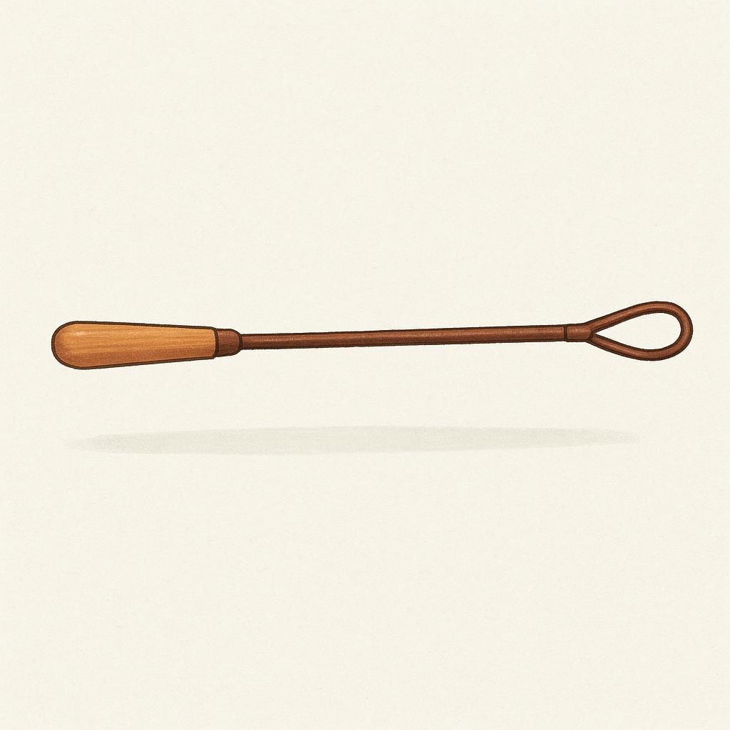 A simple, curved riding crop with a wooden handle and a leather lash end, placed on a neutral background.