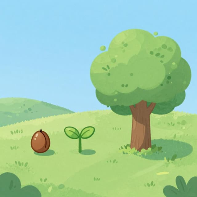 A sequence showing a tiny seed, a small green sprout, and a large flourishing tree side by side on a grassy hill.