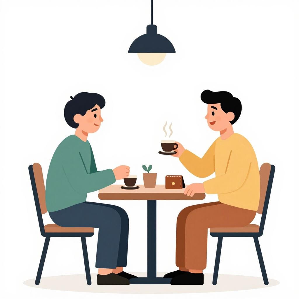 Une personne à une table de café souriant et poussant une tasse de café vers son ami tout en tenant un portefeuille.