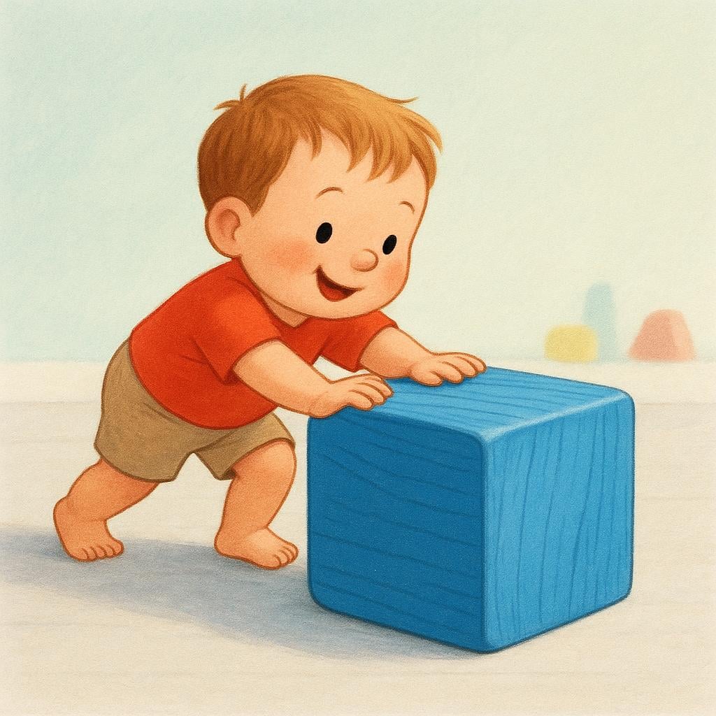 A child wearing a red shirt struggles to push a large blue wooden block across a floor.