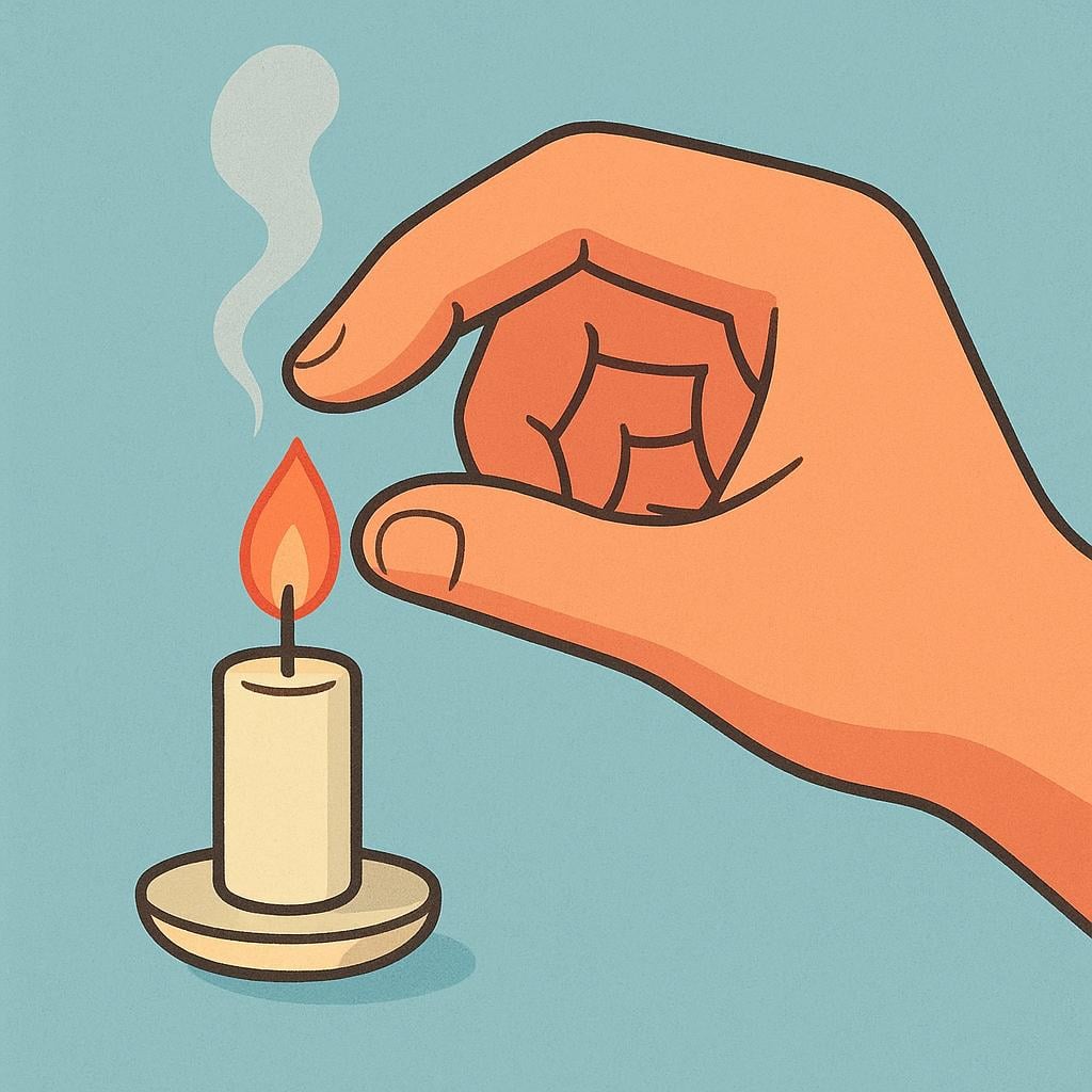 A stylized hand reaching out to firmly pinch and extinguish a small, yellow candle flame between two fingers, symbolizing ending or killing.