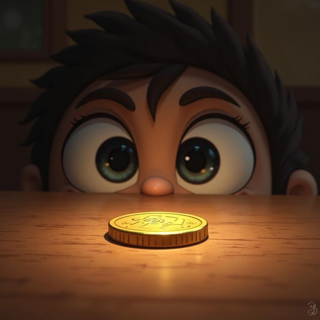 A pair of large, attentive brown eyes intently watching a small, shiny gold coin sitting on a table, symbolizing focus.