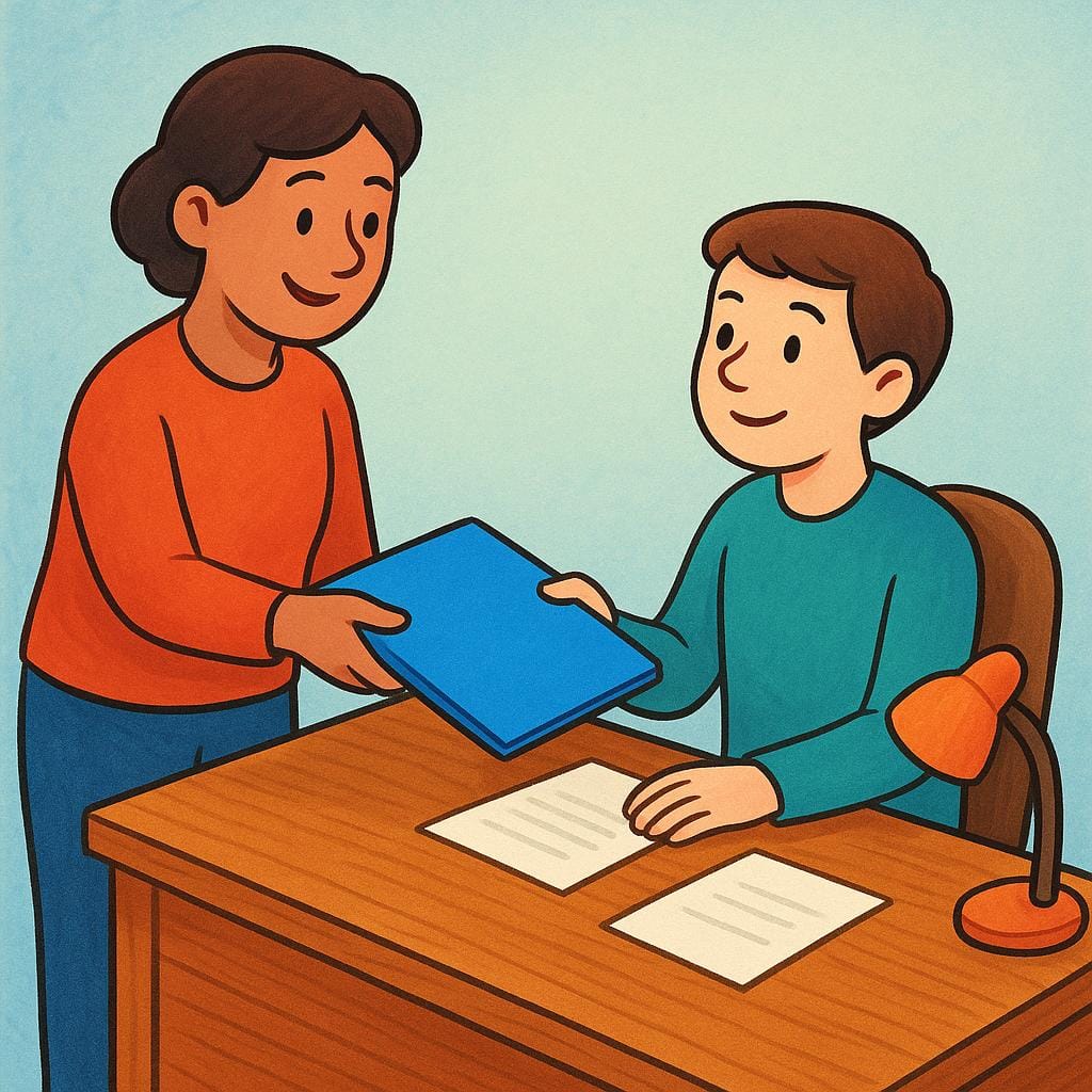 A colorful storybook illustration showing a professional assistant, smiling, handing a blue folder to another person seated at a large wooden desk.