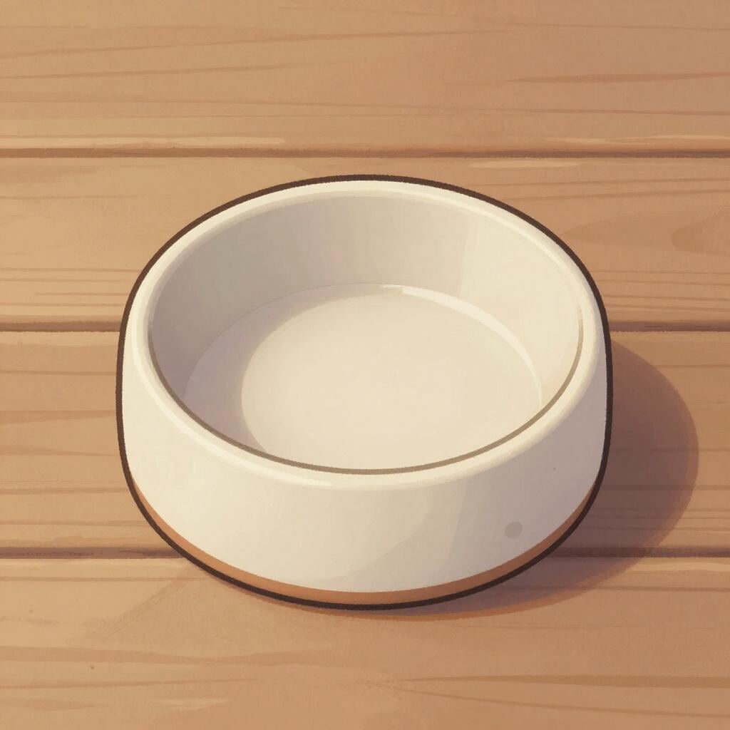 A simple drawing of an empty, dry water bowl on a cracked wooden floor.