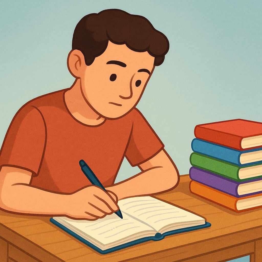 A person wearing a simple shirt sits intently at a small wooden desk, writing in an open notebook with a pen. A small stack of colorful finished books rests on the desk beside the notebook.