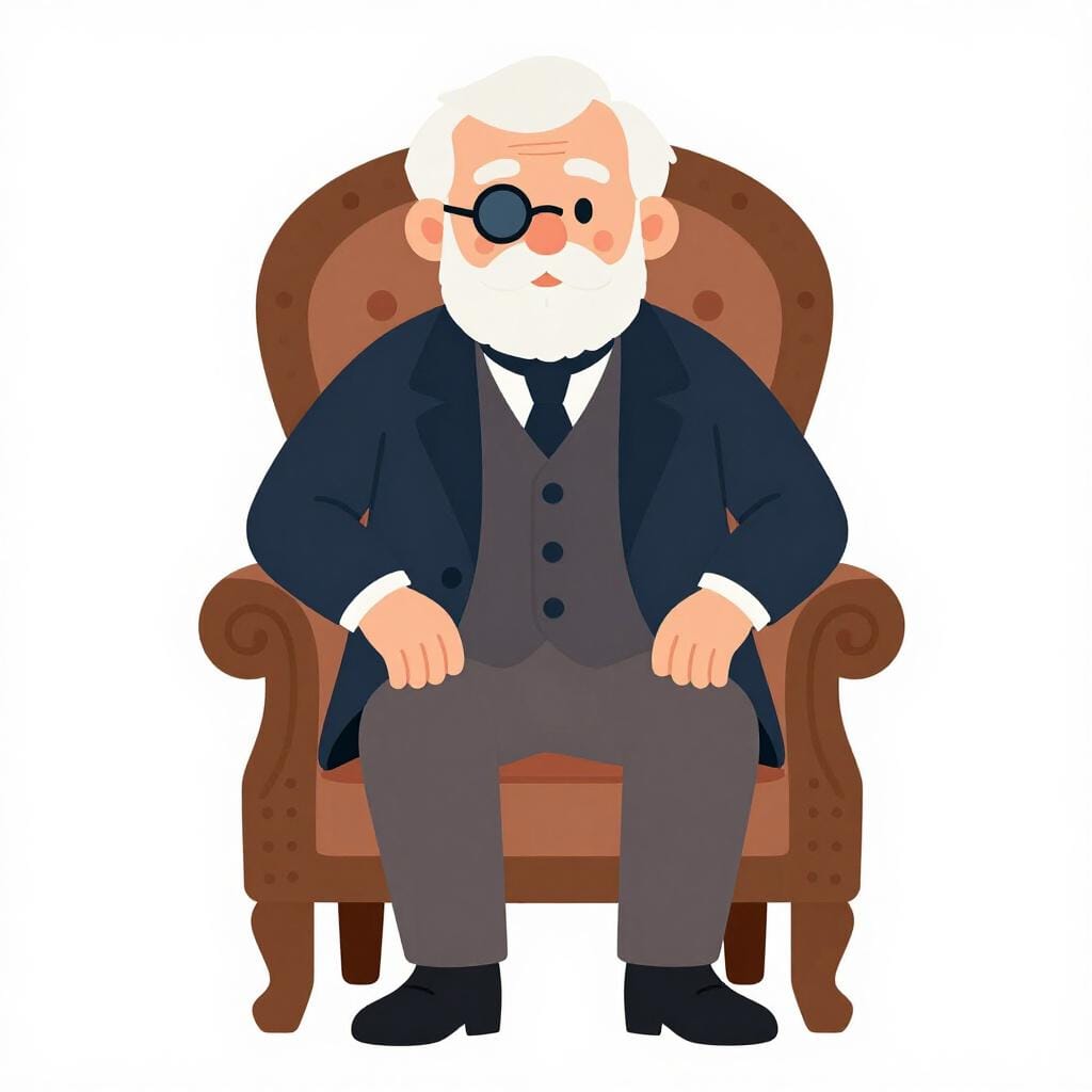 An elderly person wearing very outdated clothes from a past century sitting in a large wooden chair.