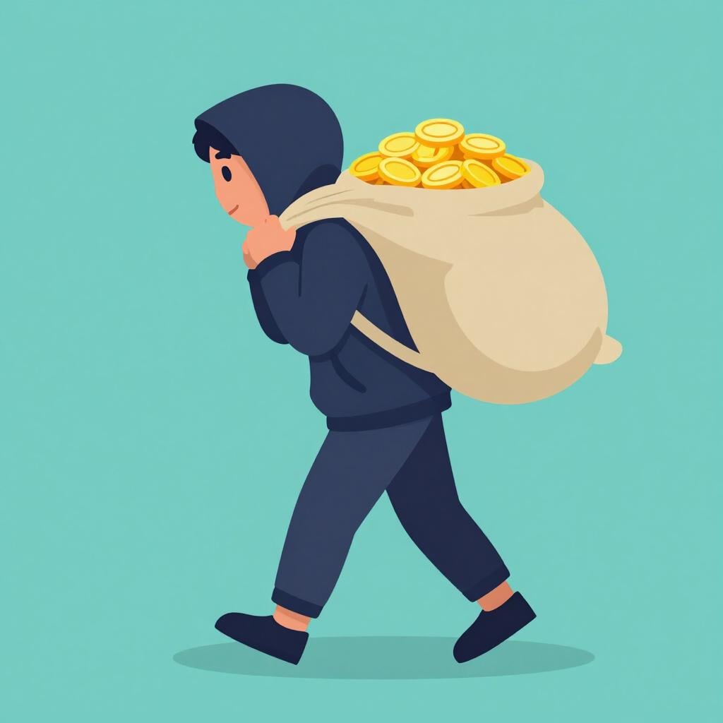 Eine Person in einem dunklen Kapuzenpullover, die mit einer großen Tasche voller Geld mit einem Dollarzeichen darauf davonschleicht.