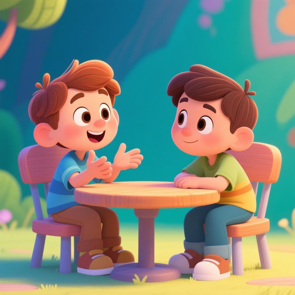 Two friendly characters sitting at a small table. One character is speaking, and the second character is leaning forward with a calm, focused expression, symbolizing deep, active listening.