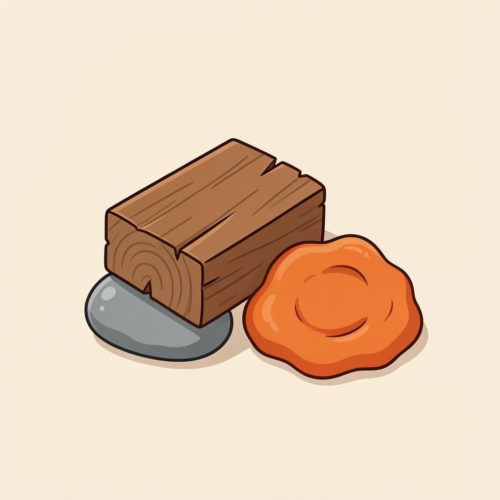 A pile of different colored physical materials like clay, wood, and stone.