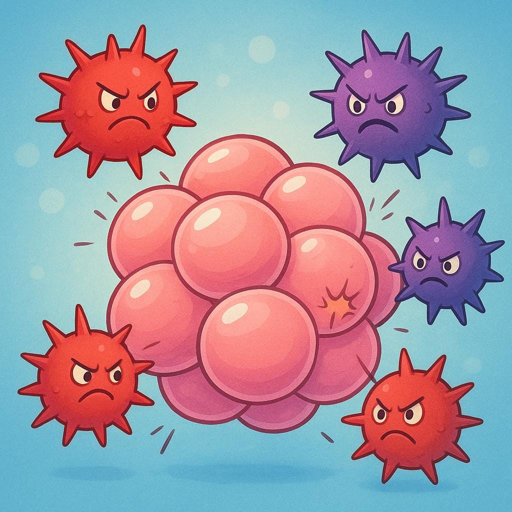 A microscopic illustration of aggressive, spiky red bacteria attacking and invading a cluster of healthy, round pink body cells.