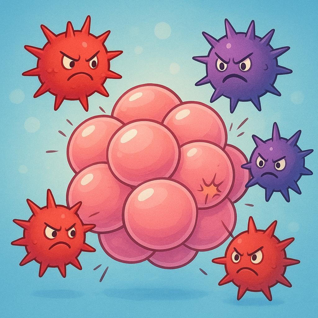 A microscopic illustration of aggressive, spiky red bacteria attacking and invading a cluster of healthy, round pink body cells.