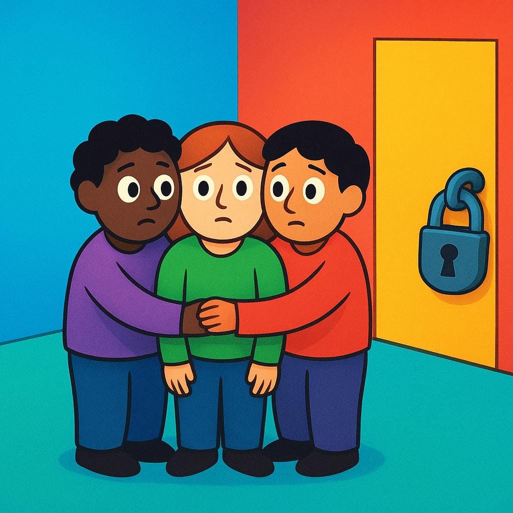 Trois personnes simplifiées aux grands yeux se tenant proches dans une pièce vide aux couleurs vives, semblant légèrement inquiètes. Un grand cadenas visible est sur la poignée de l'unique porte, symbolisant leur confinement.