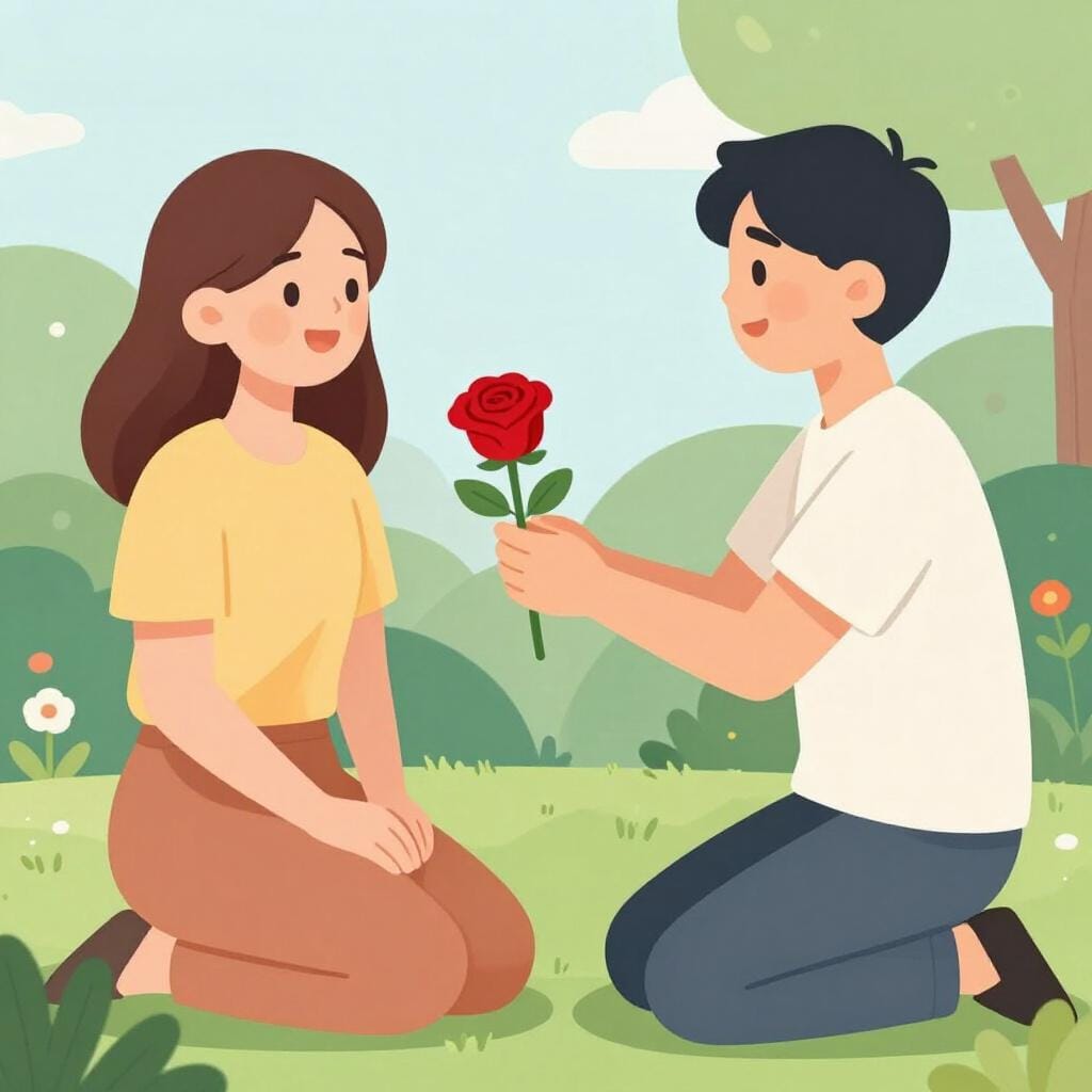 柔らかい光の下で、もう一人に美しい赤いバラを差し出している人。