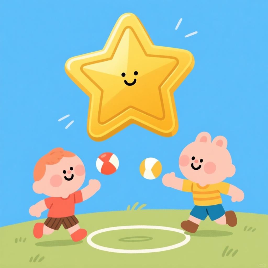 Two friendly cartoon figures playing a game. A large, stylized golden star token is floating above the winning figure, representing a scored point.