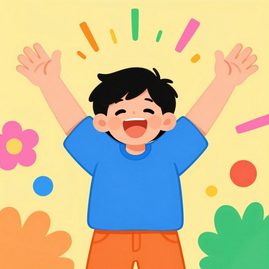 カラフルな紙吹雪に囲まれ、突然の喜びの笑いとともに両腕を上げる人。